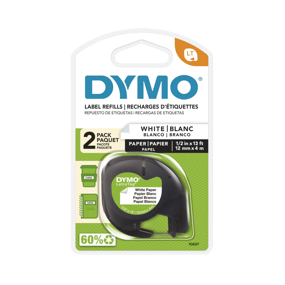 Dymo LetraTag Label Tape Paper 12mm x 4m 2 Pack - Whitcoulls