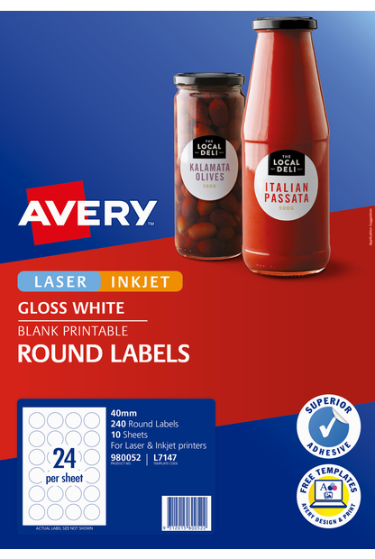 Avery Glossy White Labels Round 40mm Pack of 240 - Whitcoulls