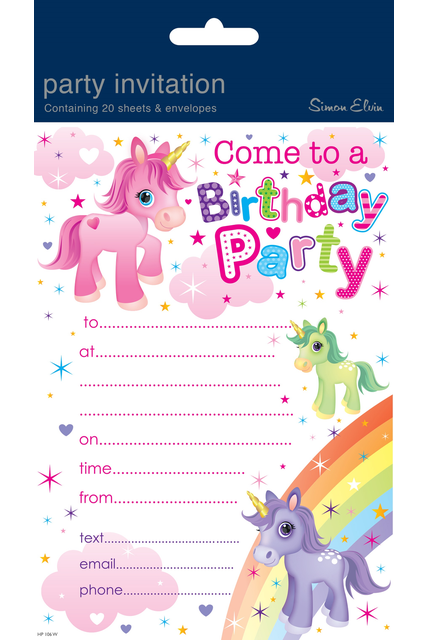 Birthday Invitations & Envelope Set Rainbow Unicorns Pack 20 | Whitcoulls