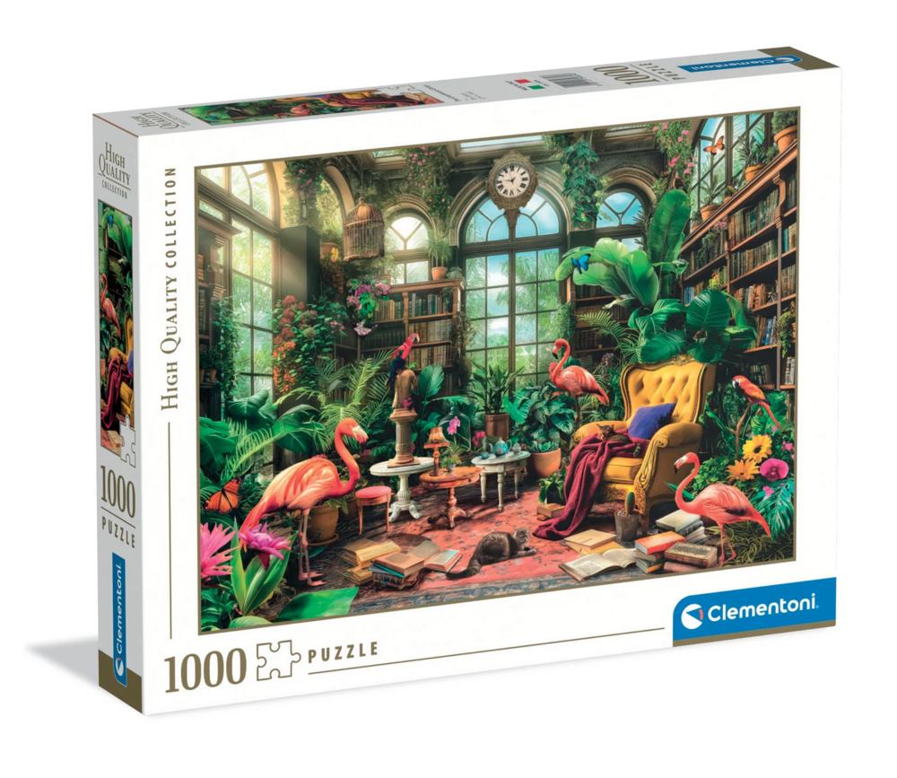 Clementoni - Puzzle 1000 Pieces for Adults and Boys Collection, Green House Library Theme, Poster Included, Compact Box, Illustration Library, Made in Italy, 70 x 50 cm, 39936